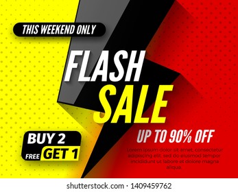 Flash sale banner, up to 90% off. This weekend only buy 2, free get 1. Vector illustration.