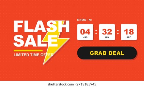 Flash sale banner with an active countdown timer indicating 04 hours, 32 minutes, 18 seconds remaining. Limited-time offer promotion with a prominent lightning bolt icon. 