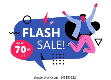 Flash sale banner ads template. Modern faceless male caracter jumping in the air with FLASH SALE words. Vivid colored label design. 