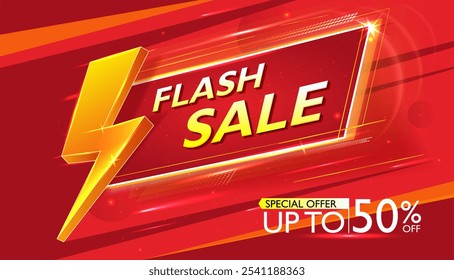 Flash sale banner. Advertising background with sparkling neon lights for online shopping, special offer, coupon or voucher. Marketing and social media promotion. Realistic cartoon vector illustration