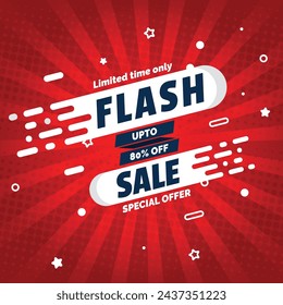 Flash sale banner with big discount offer details. Red background vector 