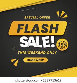 Flash Sale banner with black background and special offer up to 35%. This Weekend Only. Shop Now. Flash Sales banner template design for social media and website. 35% off.