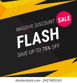 Flash Sale banner with black background and special offer up to 75%. Massive Discount. Shop Now. Save Up To 75% off.