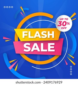 Flash Sale Banner in Blue Background With Discount Up to 30% Off. Vector Illustration. Get 30% Off.