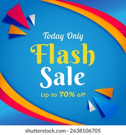 Flash Sale banner with blue background with up to 70% off. Today Only. Shop Now. Flash Sales banner template design for social media and website ads. 70% off.