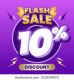 Flash Sale banner with bold '10% Discount' text in 3D style, surrounded by lightning icons. The vibrant purple background creates a dynamic and eye-catching design.