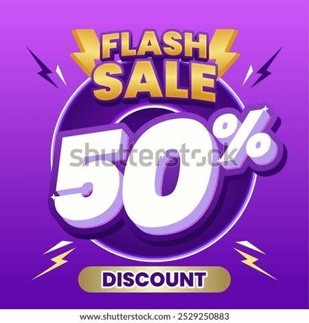Flash Sale banner with bold 50% Discount text in 3D style, surrounded by lightning icons. The vibrant purple background creates a dynamic and eye-catching design.