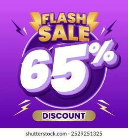 Flash Sale banner with bold 65% Discount text in 3D style, surrounded by lightning icons. The vibrant purple background creates a dynamic and eye-catching design.