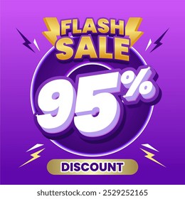 Banner de venda flash com negrito 95% Desconto texto em estilo 3D, cercado por ícones relâmpagos. O fundo roxo vibrante cria um design dinâmico e atraente.