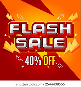 Anuncio de la venta del flash con los colores rojos y naranjas atrevidos, ofreciendo el ‘40% OFF' y los símbolos del relámpago. Diseño energético perfecto para destacar descuentos especiales y llamar la atención sobre ofertas de tiempo limitado