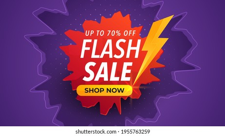 Flash sale banner with cracks or shocks effect. Purple background with red gradient colors. Business product ads promotion template. Vector Illustration.