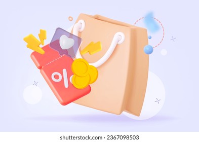 Flash Sale Banner. Creative concept for online bargain shopping. Bag with coupons and coins. Social media marketing to reach potential customers. Vector creative social media banner.