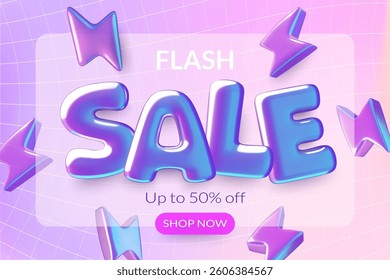 Flash sale banner design with 3d purple holographic foil balloon letters and lightning bolts on y2k gradient background. Vector illustration