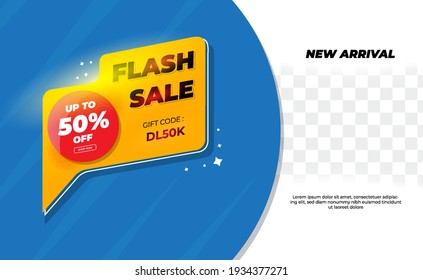 Flash Sale Banner Design Illustration with Space Product. Promotion Of Your Products With 50% Discount, Clothing, Fashion, Technology, Electronics. Isolated on Blue Colour. Vector Illustration
