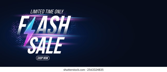 Flash sale banner design. Shopping poster or cover with flash icon and text on abstract background of moving laser beams. Business Template design. Vector illustration. EPS 10