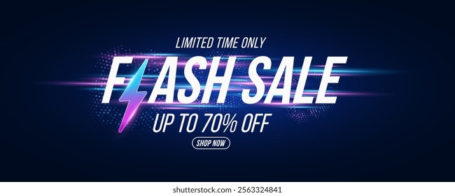 Flash sale banner design. Shopping poster with flash icon and text on abstract background of glowing laser beams. Business Template design. Vector illustration. EPS 10