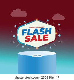 "Flash Sale" Banner Design template for Social Media and Website in Red and blue gradient with clouds, Podium, and Memphis elements. Sale promotion and advertising.
