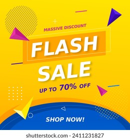 Flash Sale Banner with discount up to 70%. Massive Discount. Vector illustration. Shop Now. Get discount 70%. Flash Sale social media posts with promotion.