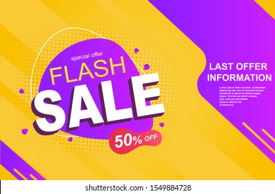 Flash Sale Banner mit Rabatt einzeln auf gelbem violettem Hintergrund. Kann ein Banner-Aufkleber oder Header sein. Vektorgrafik