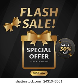 Flash Sale Banner With discount tag Up To 30% Off. Vector Illustration. Shop Now. Special Offer In under Gift Box. For All Items.