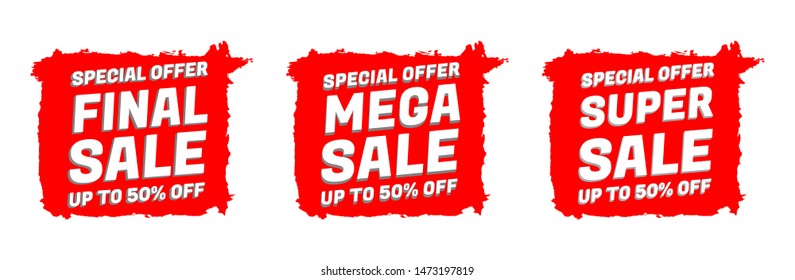 Flash sale banner. Final sale banner. Mega sale banner. Set. Minimalistic design. Red backgroud. Vector.