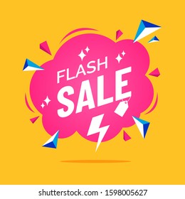 Flash sale banner in flat cartoon style. Comic cloud text box. Pink speech bubble with explosion effect. Promo badge for your design. Creative discount label. Vector illustration.