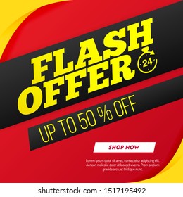 Flash Sale Banner with golden thunder sign on red background. 24 hour Flash Template