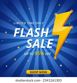 Flash Sale Banner with Golden Thunder Sign on Blue Background. Vector Illustration. Limited Offer. 95% off. Limited Time only. Shop Now.