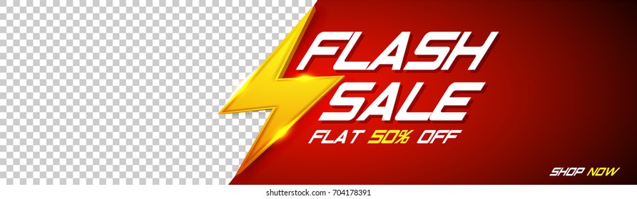 Flash Sale Banner with golden thunder sign on red background and space for your image.