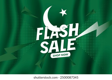 Anuncio de la venta del flash con el color verde, con la bandera de Pakistán, Anuncio de las ventas para los medios sociales con la bandera de Pakistán. Día de la Independencia de Pakistán