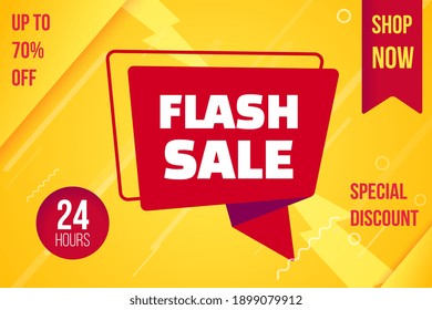 Flash sale banner layout promotion online shopping material. Poster invite to shop now with limited in time special discount up to 70 percent clearance only one day 24 hour vector illustration