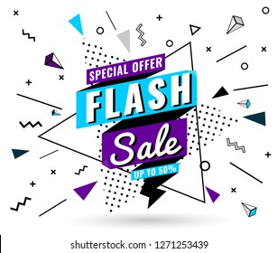 Flash Sale banner Memphis style with geometric shapes. Sale background template create by vector