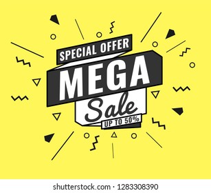Flash Sale banner Memphis style with geometric shapes. Sale background template create by vector