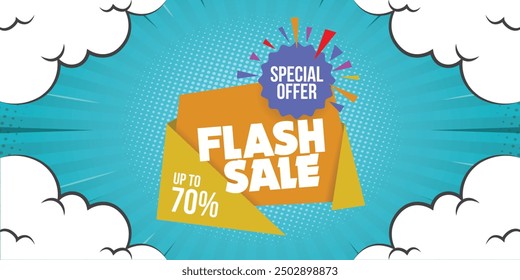 Flash sale banner. Flash offer banner, coupon or poster. Discount sticker shape. Coupon bubble icon. Flash sale promo banner. Retail marketing flyer. Starburst pop art. Vector