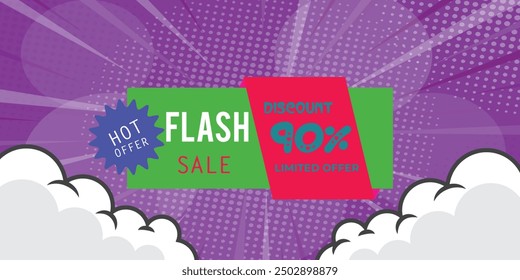 Flash sale banner. Flash offer banner, coupon or poster. Discount sticker shape. Coupon bubble icon. Flash sale promo banner. Retail marketing flyer. Starburst pop art. Vector