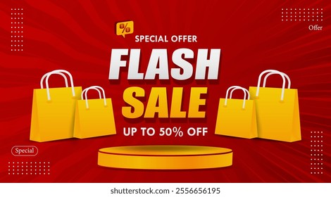 Flash sale banner on red background with podium and bags. for shopping day promotion, online shopping, special Offer coupons, vouchers, banner templates, websites, social media advertising