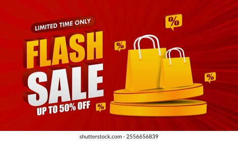 Flash sale banner on red background with podium and bags. for shopping day promotion, online shopping, special Offer coupons, vouchers, banner templates, websites, social media advertising