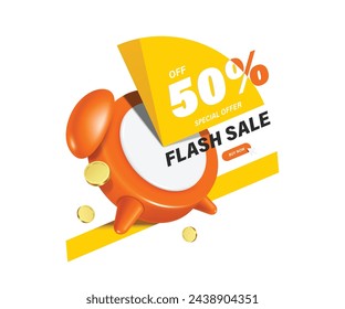 Flash Sale Banner ,Orange Wecker benachrichtigt Sie über begrenzte Zeit Flash Sale Aktion mit Sonderangebot von 50% Rabatt, Vektor-3D-Illustration isoliert auf weißem Hintergrund für Werbebanner Design