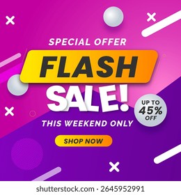 Flash Sale Banner in pink and purple background and white stripe with up to 45% off. Illustration. Special Offer. Shop Now. Vector. This Weekend Only. 45% off.