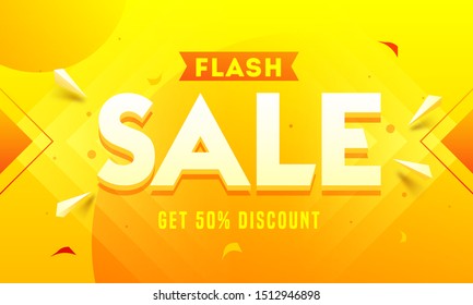 Flash Sale banner or poster design with 50% discount offer on abstract background.