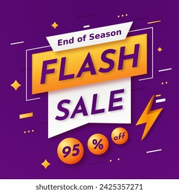 Banner de venta Flash en fondo púrpura con hasta 95%. Fin de la temporada. Compre Ahora. Diseño de plantilla de banner de Flash Sale para redes sociales y sitios web.