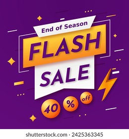 Flash Sale banner in Purple background with up to 40%. End of Season. Shop Now. Flash Sale banner template design for social media and website.