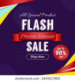 Banner de venda flash em fundo roxo com até 90% de desconto. Grande Desconto. Compre agora. Design de modelo de cartaz de Vendas Flash para mídia social e site. 90% De Desconto. Vetor Sale. Todos os produtos especiais.