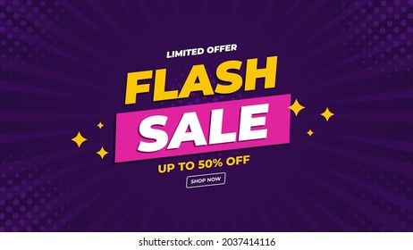 Flash Sale banner with purple comic style background and limited offer up to 50%