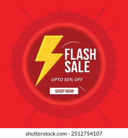 Flash Sale Banner Red Background , Flash Sale Shopping Poster or banner with Flash icon and  text on red background. Flash Sales banner template design for social media and website.