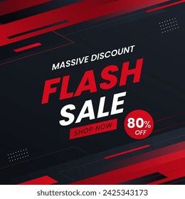 Flash Sale banner with red and black background with discount up to 80%. Shop Now. Flash Sales banner template design for social media and website. 80% off. Massive Discount.