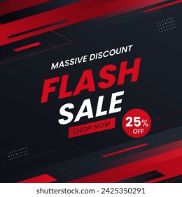 Flash Sale banner with red and black background with discount up to 25%. Shop Now. Flash Sales banner template design for social media and website. 25% off. Massive Discount.
