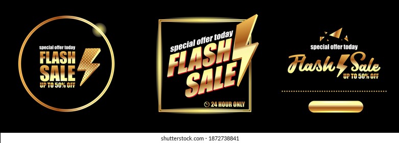 flash sale banner set with golden text and folden lightning bolt on premium black background. Golden Sale tag or label isolated on black background