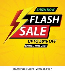 Flash sale banner with show now and 50% off text, graphic template design for web or social media, Special offer discount up to 50% off.