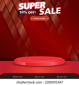 flash sale banner social media template post with blank space 3d podium for product with abstract gradient red colour background design